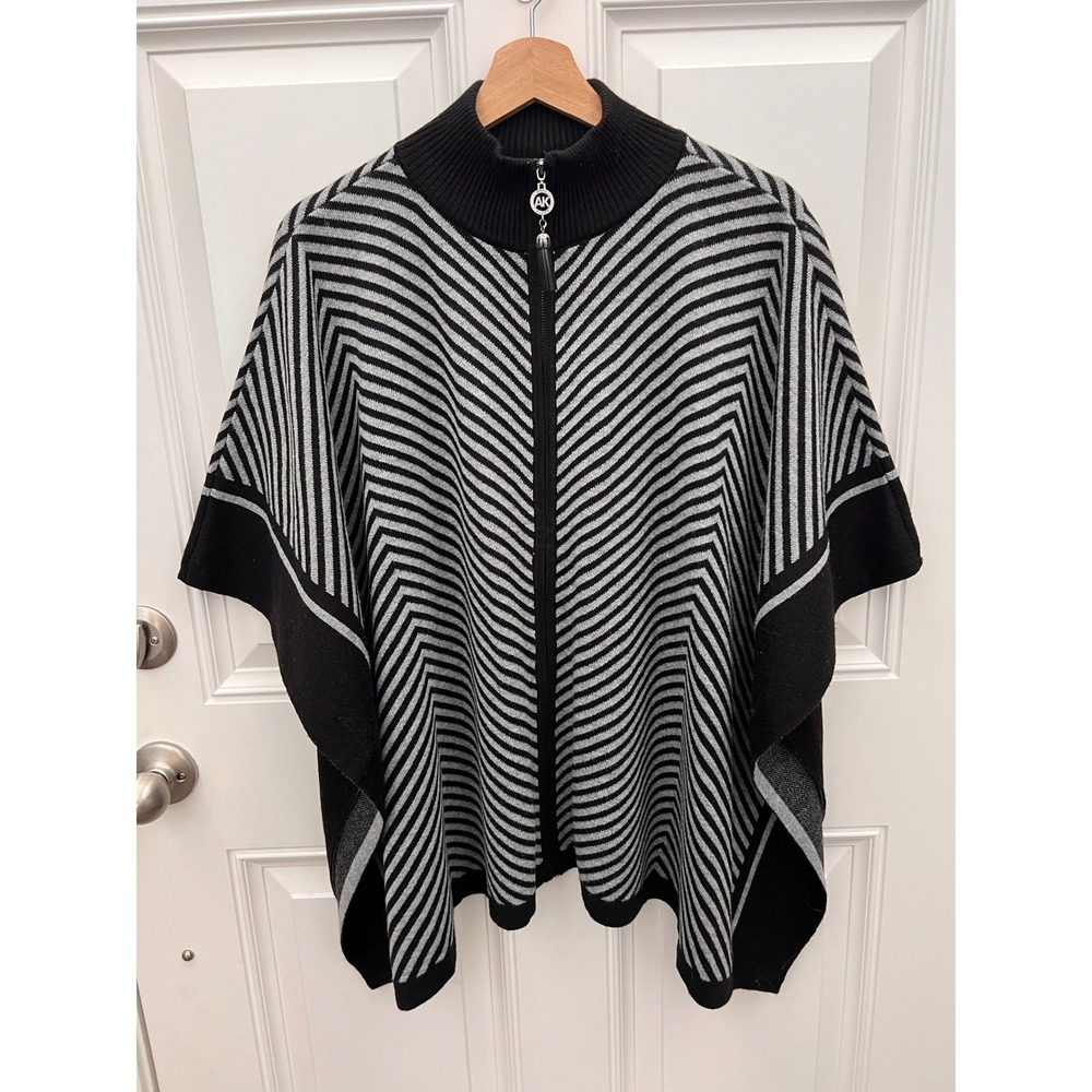 Anne Klein Womens Black Gray Chevron Stripe Zip Front Knit Poncho Sweater Size M